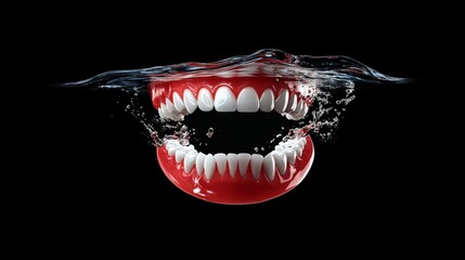 Naklejka premium A vibrant mouth with white teeth emerging from water against a black background