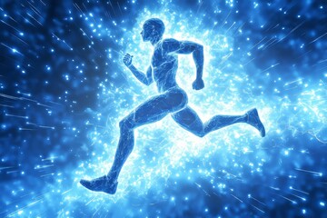 Naklejka premium In a dark setting, a runner's silhouette is visible in motion, accompanied by a glowing digital wireframe mesh that illustrates the muscles' movement during a high-energy activity