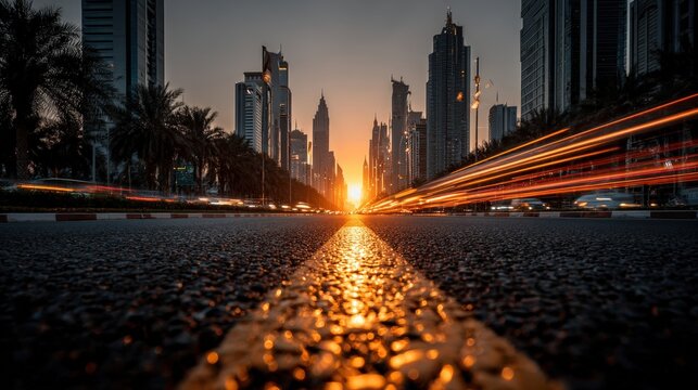 Bustling city street at golden hour capturing motion trails of traffic creating a vibrant urban scene full of life