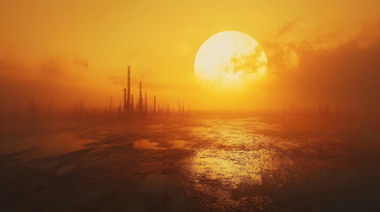 Obraz premium Sunset over water with a distant city silhouette and a hazy atmosphere.