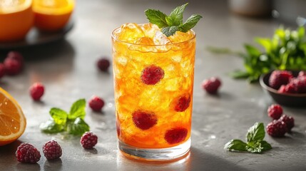 Refreshing Iced Raspberry Orange Tea Drink with Mint Garnish Summer Beverage