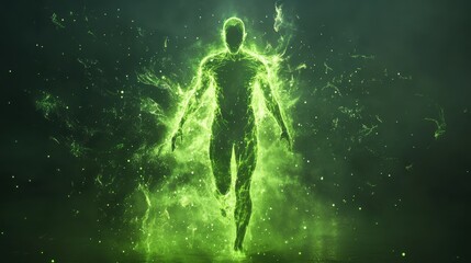 Fototapeta premium Glowing green human body energy, particles, concept.