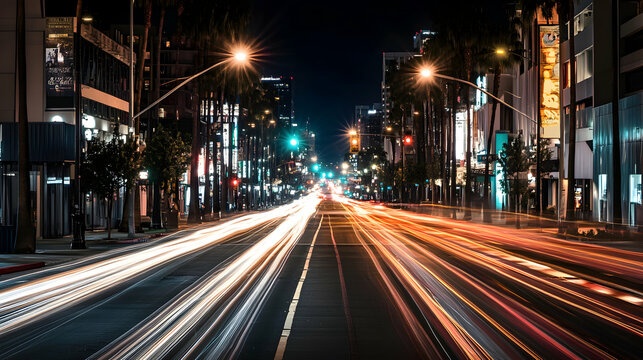 Fototapeta Long exposure shot of a city street at night with streaks of light.