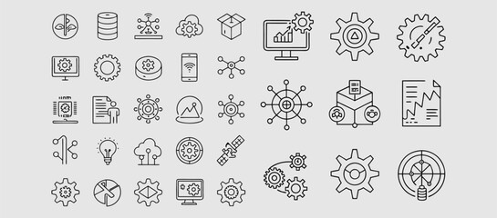 Scalability line icon set. Scale, scalable resize, scaling, stretch, expand, expansion, elasticity, scalling, adaptability, efficiency and more. Outline vector icon