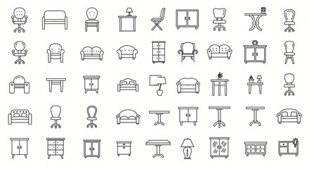 line art set of icons depicting furniture illustrations vectors symbols icons 