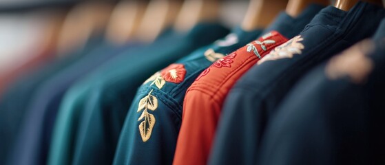 Embroidered shirts on wooden hangers