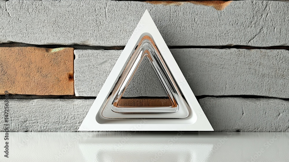 Poster a white, triangular, geometric object against a gray brick wall. concentric triangle shapes within t