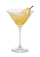 Pear cocktail in martini glass. Golden liquid inside, garnished with slice of ripe pear on top