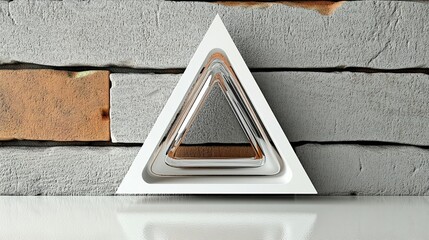A white, triangular, geometric object against a gray brick wall.  Concentric triangle shapes within the main triangle
