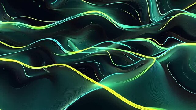 Glowing, sinuous lines of green, yellow, and blue flow over a dark, undulating surface, creating an abstract, dynamic display