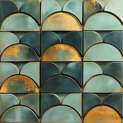 Fototapeta premium Modern Ceramic Tile Design: Geometric Patterned Decorative Wall Decor with Blue and Green Tones, Gold Accents, and Textured Mosaic for Artistic and Elegant Home Improvement 2023