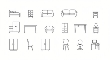 line art set of icons depicting furniture illustrations vectors symbols icons 

