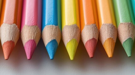 Group of six colored pencils arranged in a row. the pencils are of different colors - pink, blue, yellow, green, orange, and red. each pencil has a sharp point and a pointed tip.