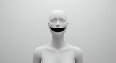 A faceless mannequin with a painted-on creepy smile, centered in a stark white room.
