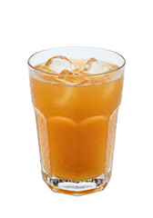 Refreshing cold drink in glass with ice cubes, amber color beverage against black