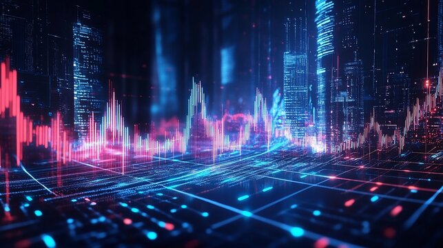 Futuristic city with digital data streams. Urban digital landscape. Financial data overlay