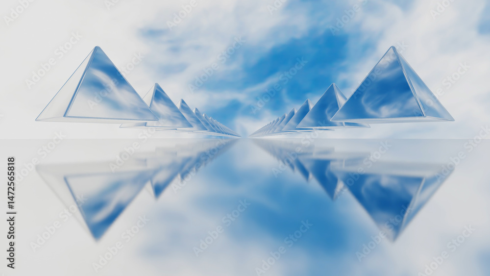 Poster a row of glossy pyramids stretching into the distance against a blue sky with white clouds. 3d rende