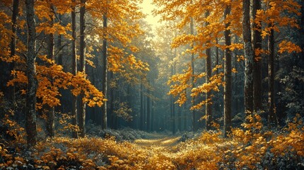 Golden autumn forest path. Sunlight streams through vibrant yellow leaves