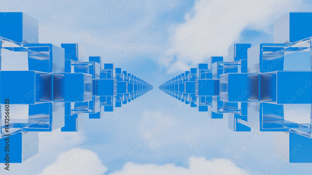 Poster abstract background cubic figures receding into the distance against the blue sky. 3d render illustr