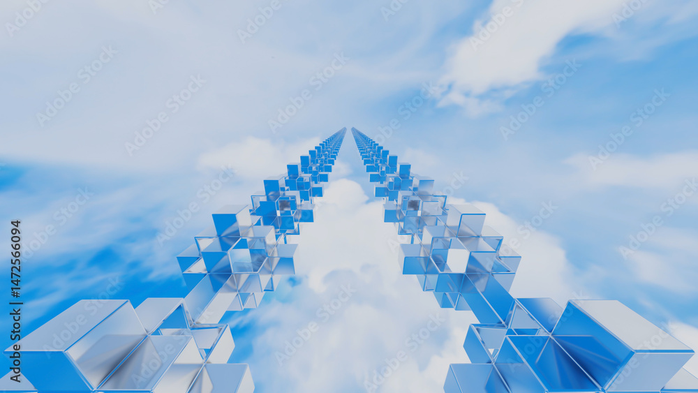 Poster abstract background cubic figures receding into the distance against the blue sky. 3d render illustr