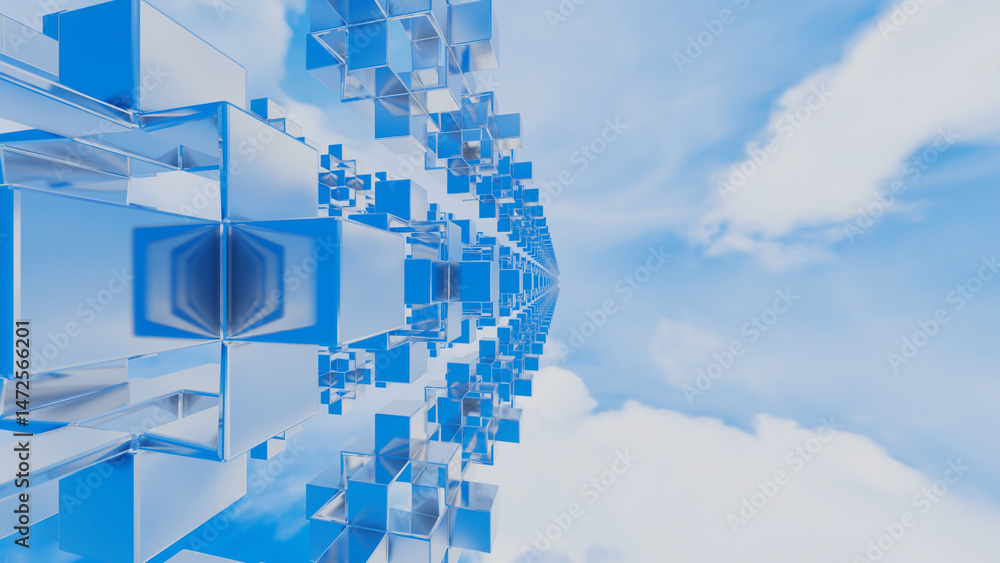 Poster abstract background cubic figures receding into the distance against the blue sky. 3d render illustr