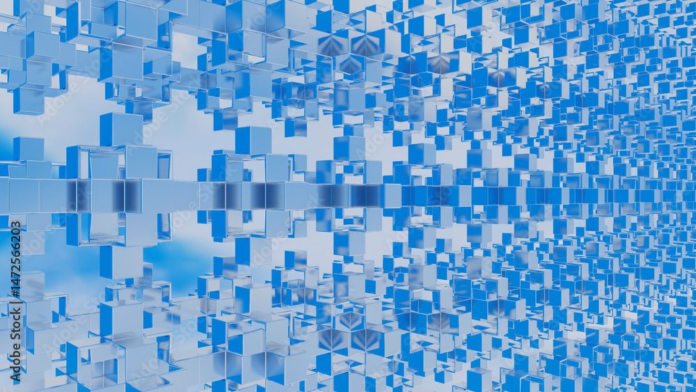 Poster abstract background cubic figures receding into the distance against the blue sky. 3d render illustr