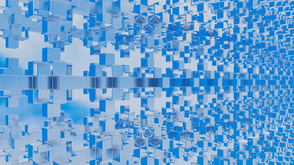abstract background cubic figures receding into the distance against the blue sky. 3d render illustration