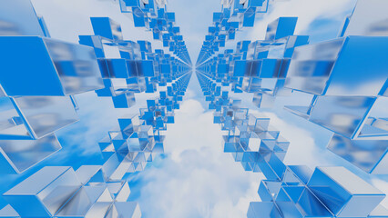abstract background cubic figures receding into the distance against the blue sky. 3d render illustration