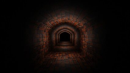 brick dark gloomy corridor going into the distance. 3d render illustration