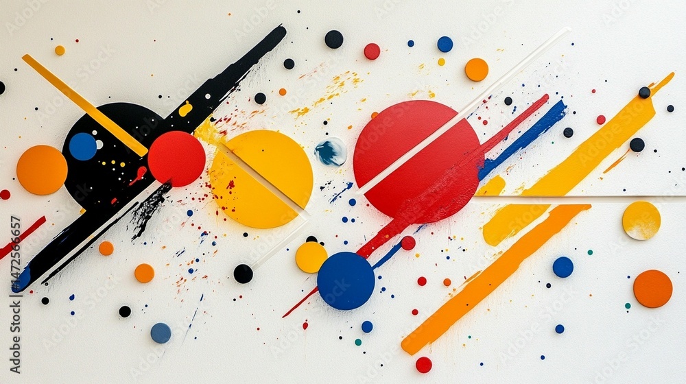Poster abstract artwork featuring vibrant circles and lines in bold colors against a white background. spla