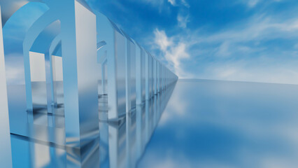 abstract background glossy rows of arches going into the distance against the blue sky. 3d render illustration