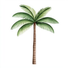 A watercolor illustration of a single palm tree with green fronds and a brown trunk on a white background.