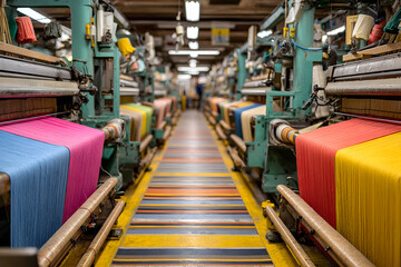 Fototapeta premium Textile factory floor with large looms weaving