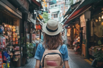 Obraz premium Tourist exploring narrow European alleyway