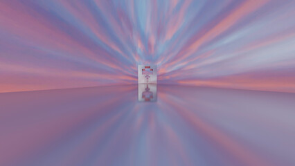 abstract background glossy rows of rectangles with a cross-shaped hole going into the distance against the backdrop of a pink sunset sky. 3d render illustration
