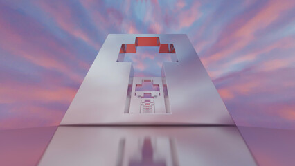 abstract background glossy rows of rectangles with a cross-shaped hole going into the distance against the backdrop of a pink sunset sky. 3d render illustration