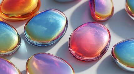Holographic Glass Oval Forms – Colorful 3D Rendering on White for Modern Abstract Design Concepts