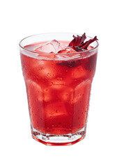 Refreshing red drink with ice and garnish in a clear glass with condensation