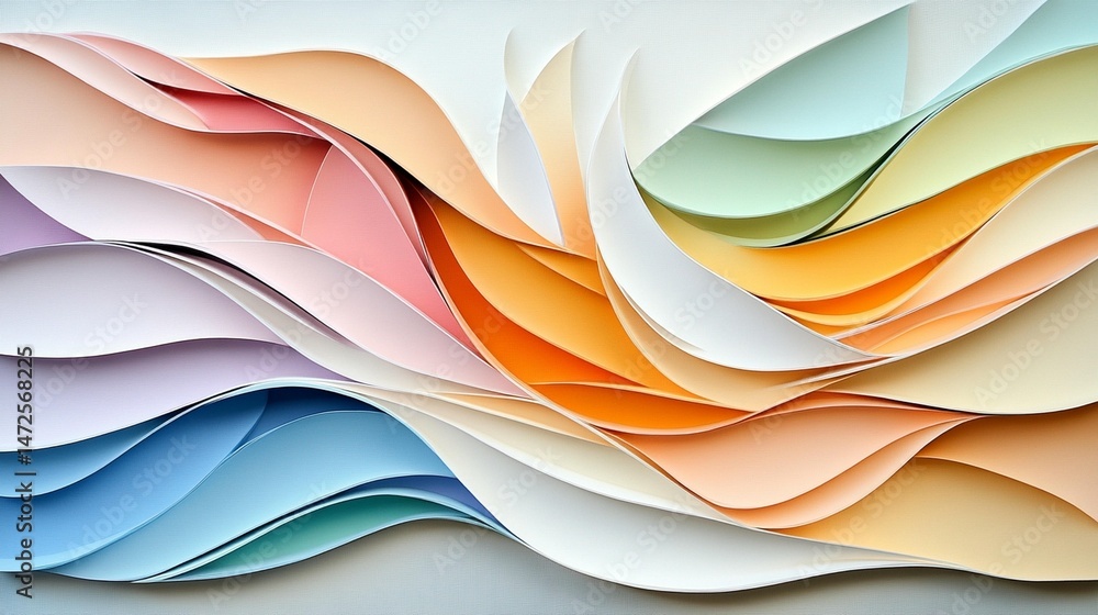 Poster abstract composition of layered, curved sheets of vibrant colored paper creating a dynamic, flowing 