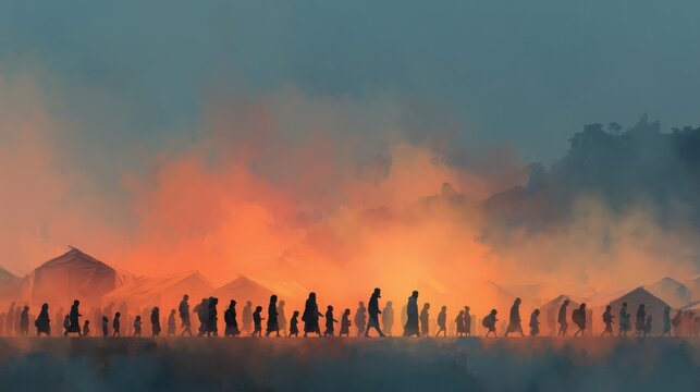 Line of refugees walking toward tents through smoky camp at dusk symbolic editorial scene for World Refugee Day focused on forced displacement, hope and global crisis awareness