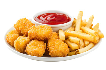 Crispy chicken nuggets and fries with ketchup on plate