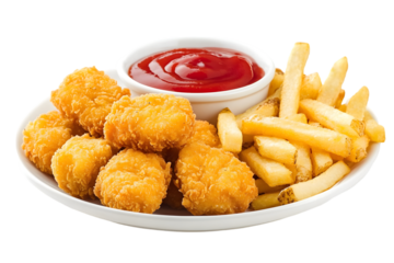 Crispy chicken nuggets and fries with ketchup on plate