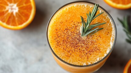 Delicious Orange Rosemary Smoothie in Glass with Spice Garnish Top View