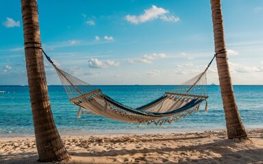 Obraz premium summer Cancún, Mexico, Tropical beach hammock under palm trees