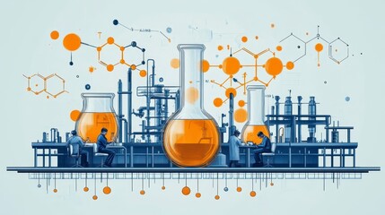 Chemistry illustration showing lab equipment, people working, and molecules on a light background