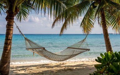 summer Cancún, Mexico, Beachside hammock under palm trees
