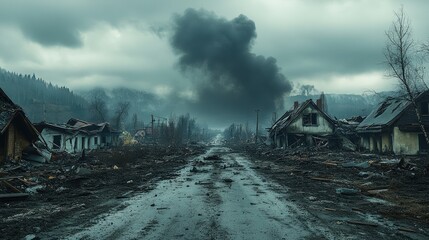 Devastated town landscape after a catastrophe.  A road winds through a destroyed residential area. Smoke billows into a gloomy sky
