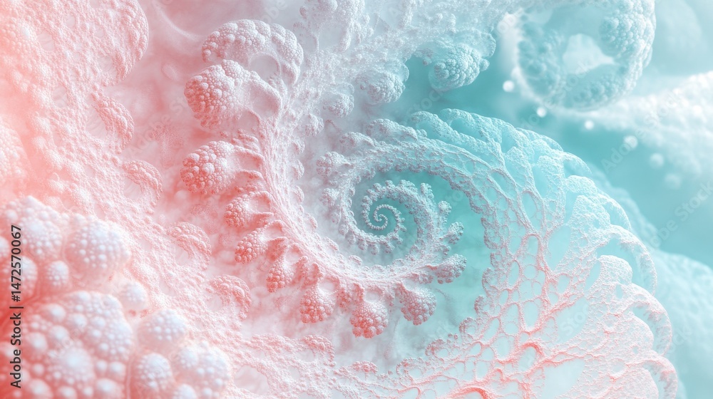 Poster delicate pastel fractal structures with intricate bubbly patterns in soft pink and teal tones