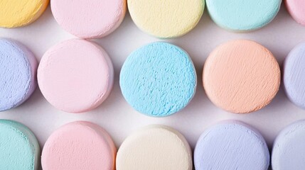Obraz premium Close-up of a group of colorful macarons arranged in a random pattern on a white background.