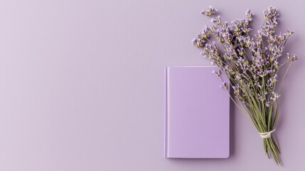 Small bouquet of lavender flowers on the right side and a purple notebook on the left side. the notebook is open and the flowers are arranged in a way that they are tied together with a string.
